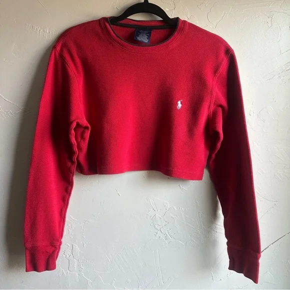 Polo Ralph Lauren Red Waffle Knit Crop Top Preppy Y2K Baby Tee Thermal Sz S - Picture 1 of 10
